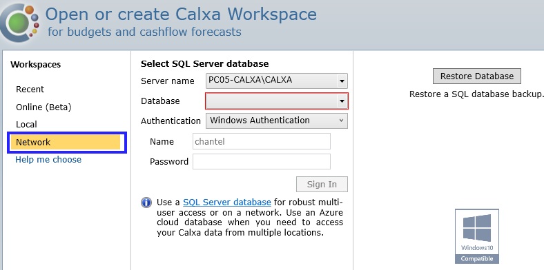how to configure a network database sql server calxa help centre network databse