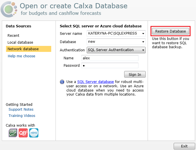 backup and restore network database calxa help centre network databse