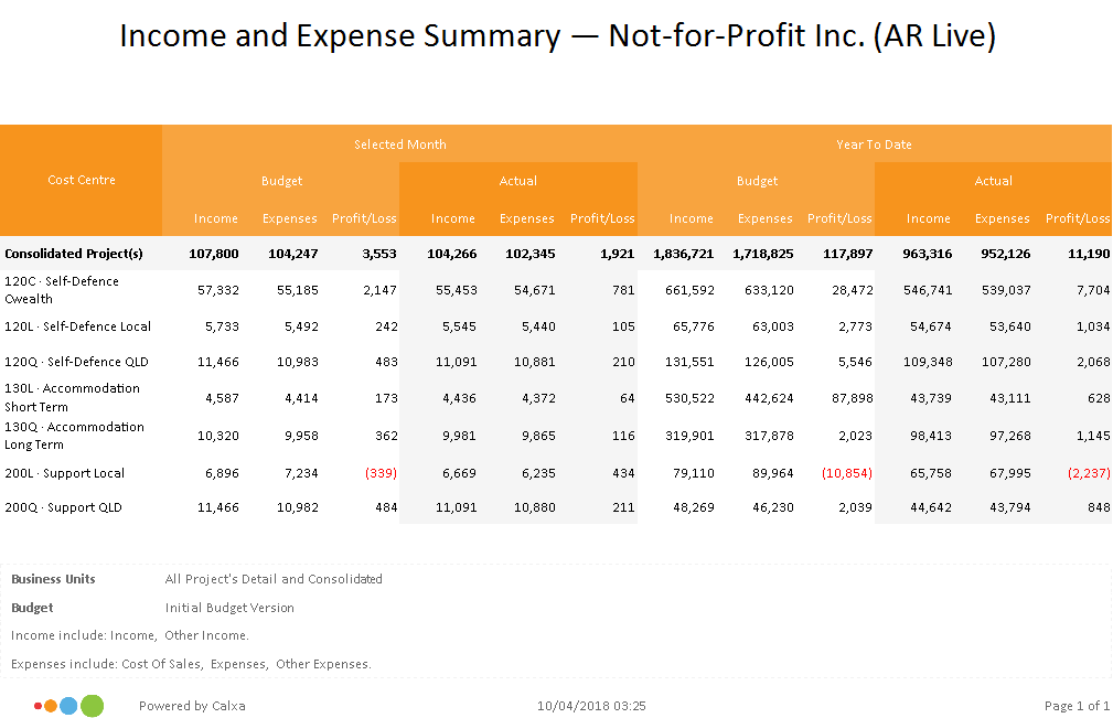 Business Unit Income to Expense Summary