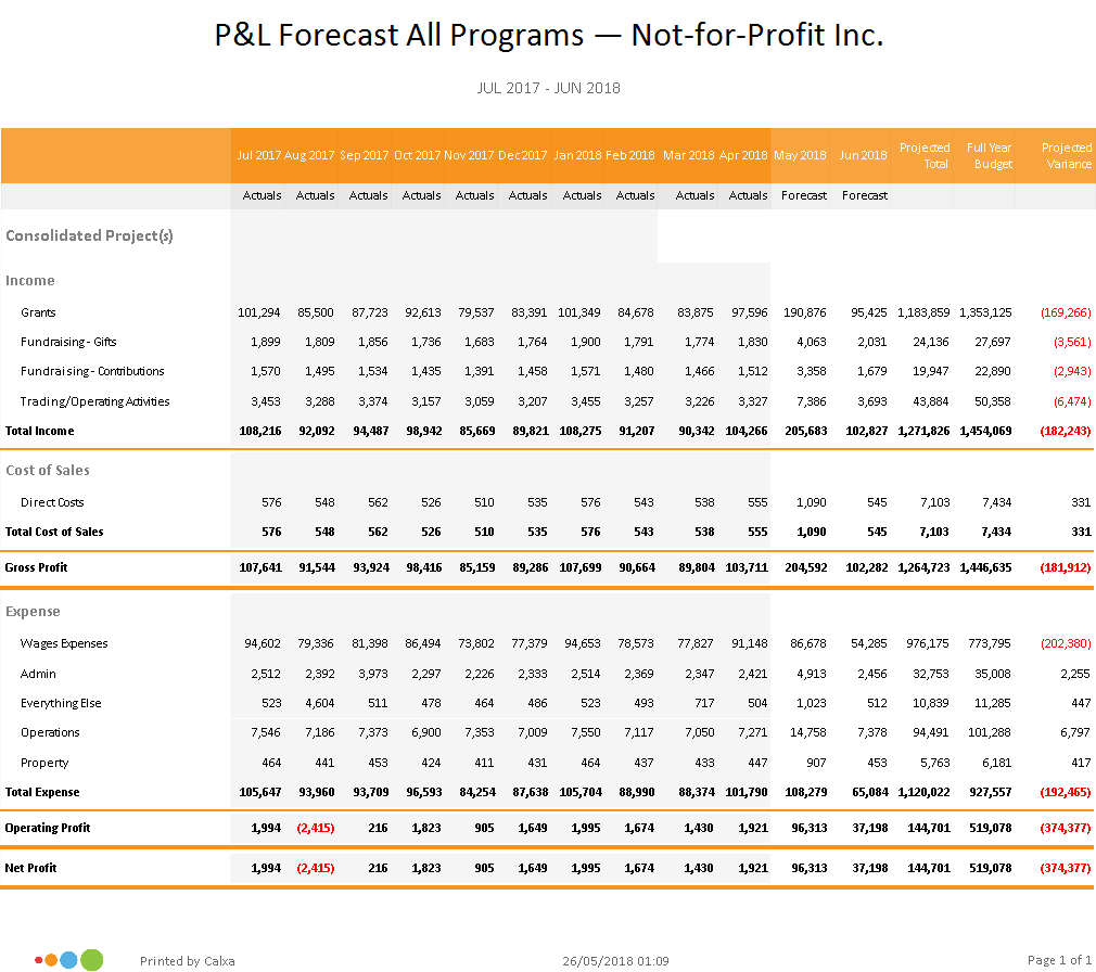 P&L Forecast with Consolidated Business Units Calxa