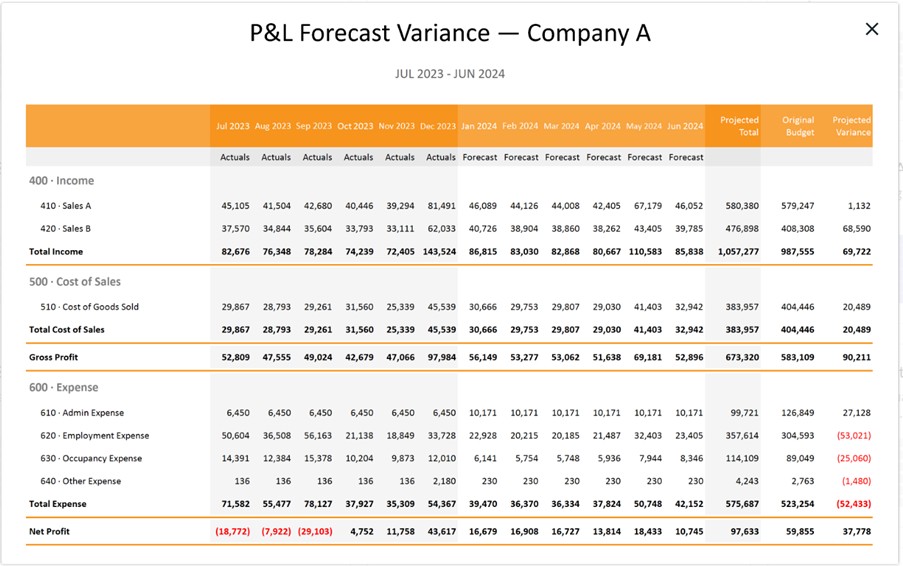 2025 P and L with Projected Total
