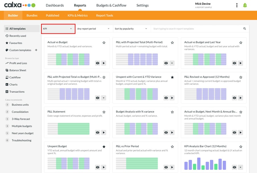Unit Costing Guide - Filter by KPI Report