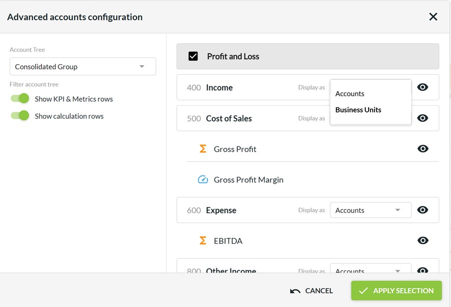 Advanced Configuration Business Units as Rows